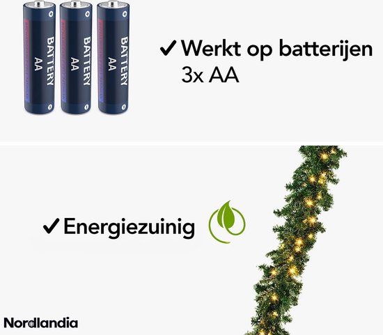 Nordlandia kerstguirlande die werkt op 3 AA-batterijen en energiezuinig is.