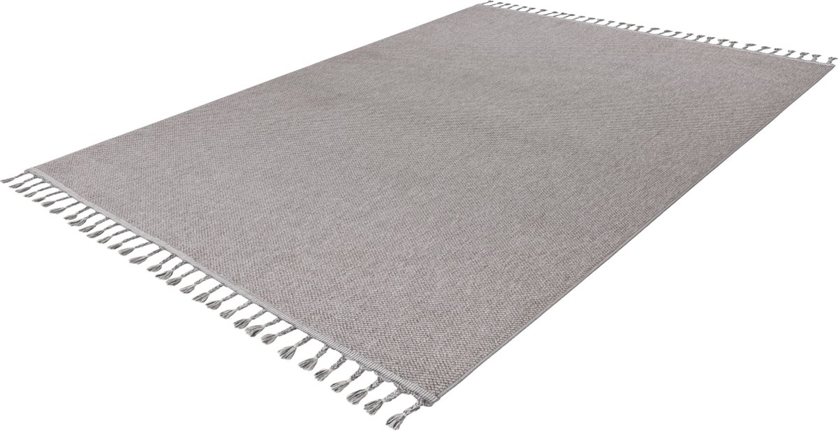 Lalee Tunis plat geweven vloerkleed uni effen tapijt laagpolig met grote franjes tijdloos 200x290cm zilver