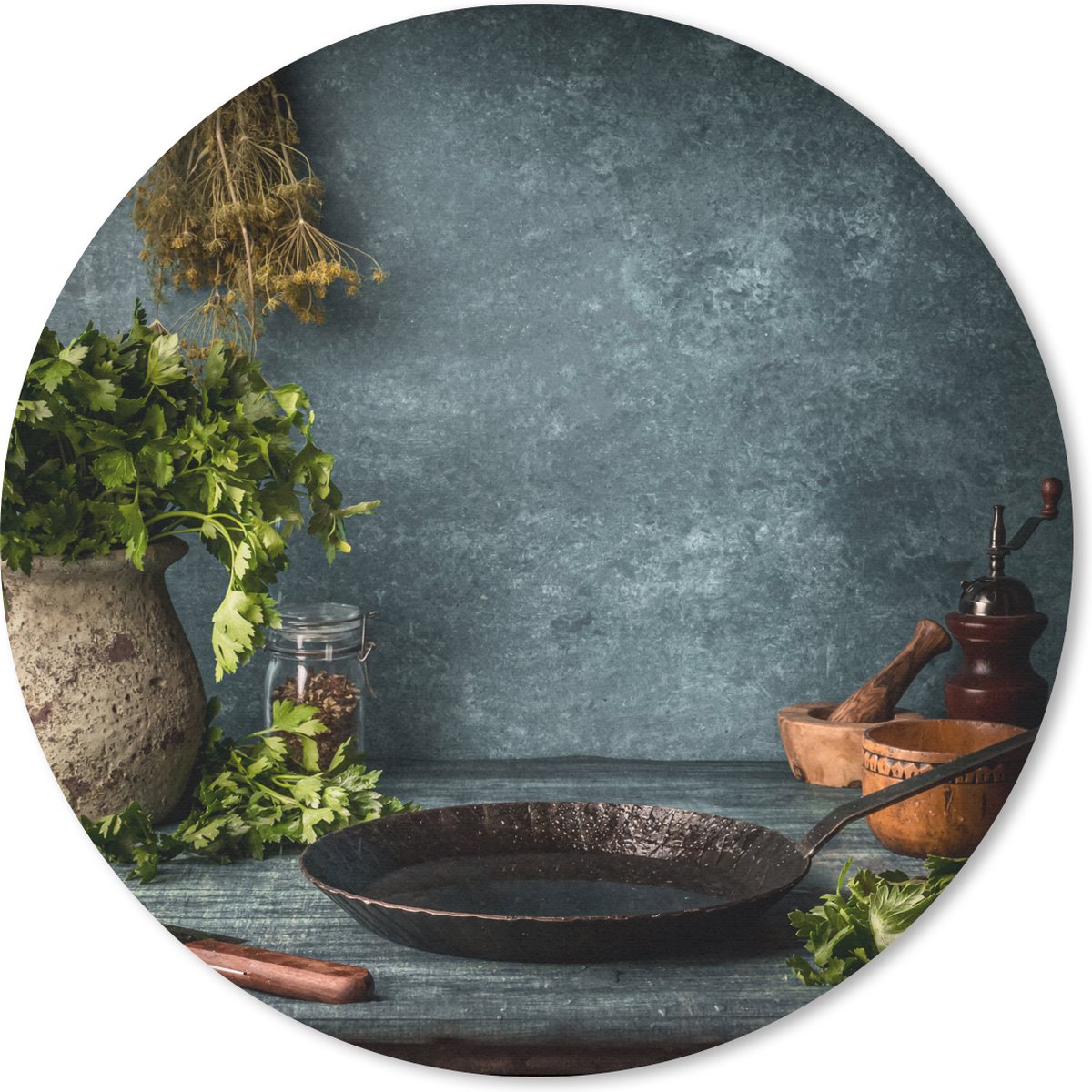 Muismat rond 40x40 cm - Mousepad Kruiden - Specerijen - Pan - Mes - Grijs - Rustiek - Ronde muismatten