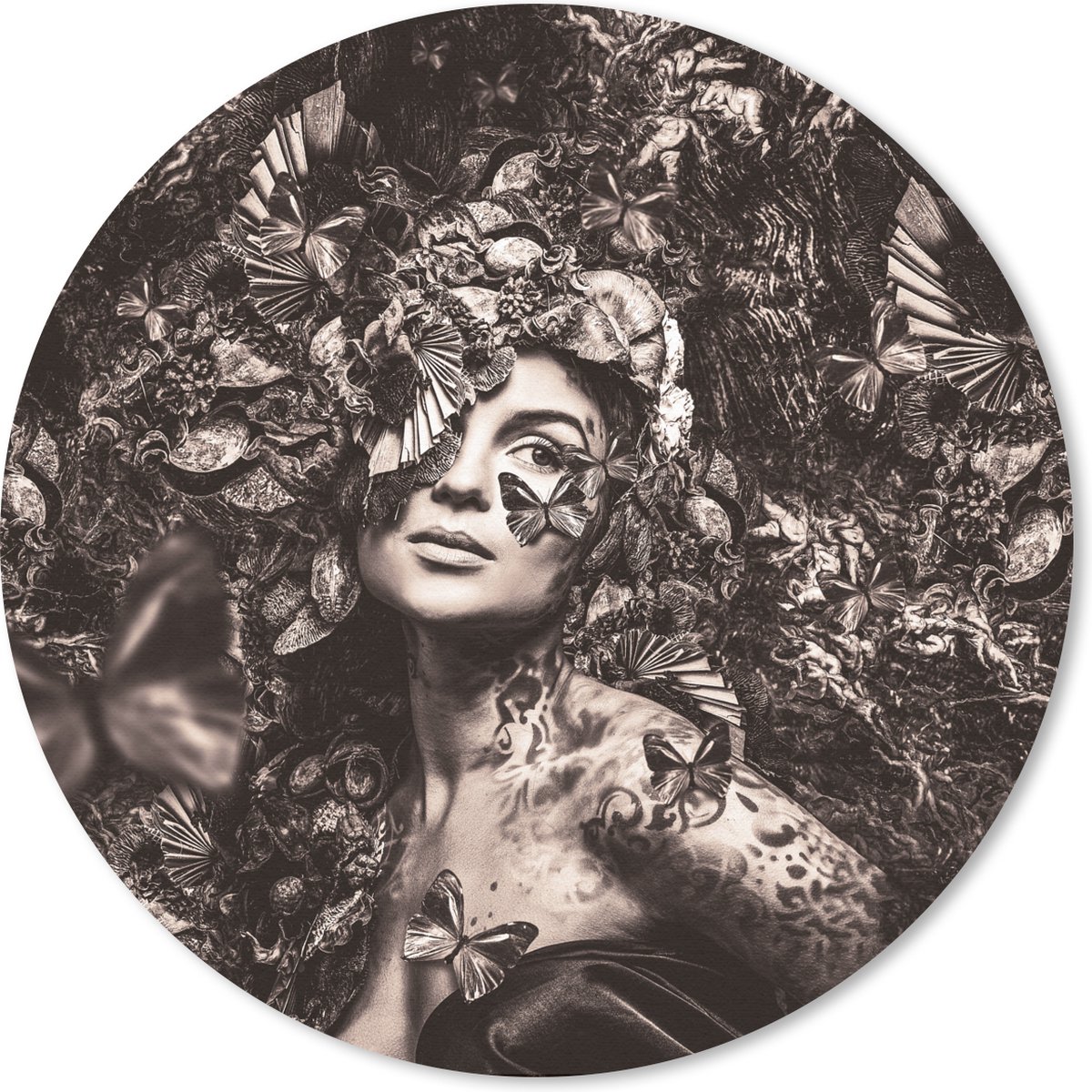 Muismat rond 20x20 cm - Mousepad Sepia - Vrouw - Vlinder - Ronde muismatten