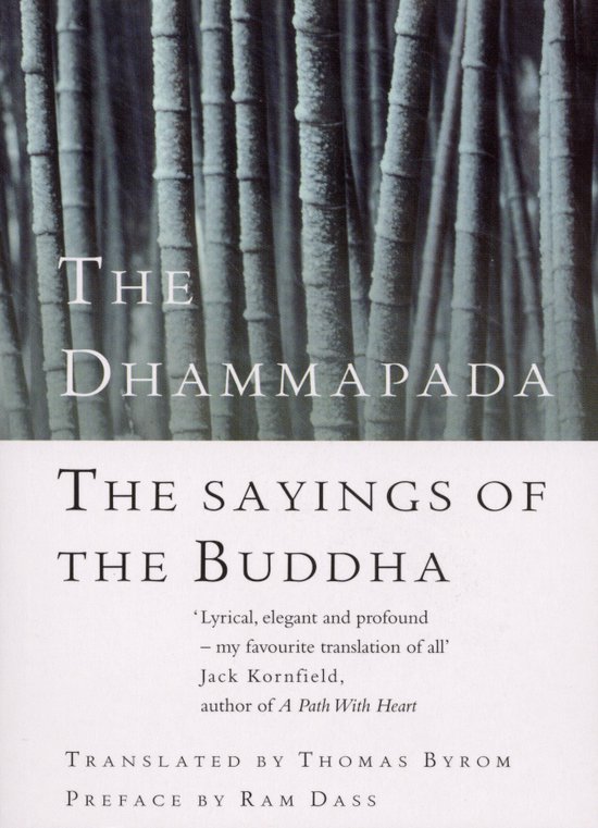 Boek "The Dhammapada: The Sayings of the Buddha" met een close-up van bamboestengels op de omslag.