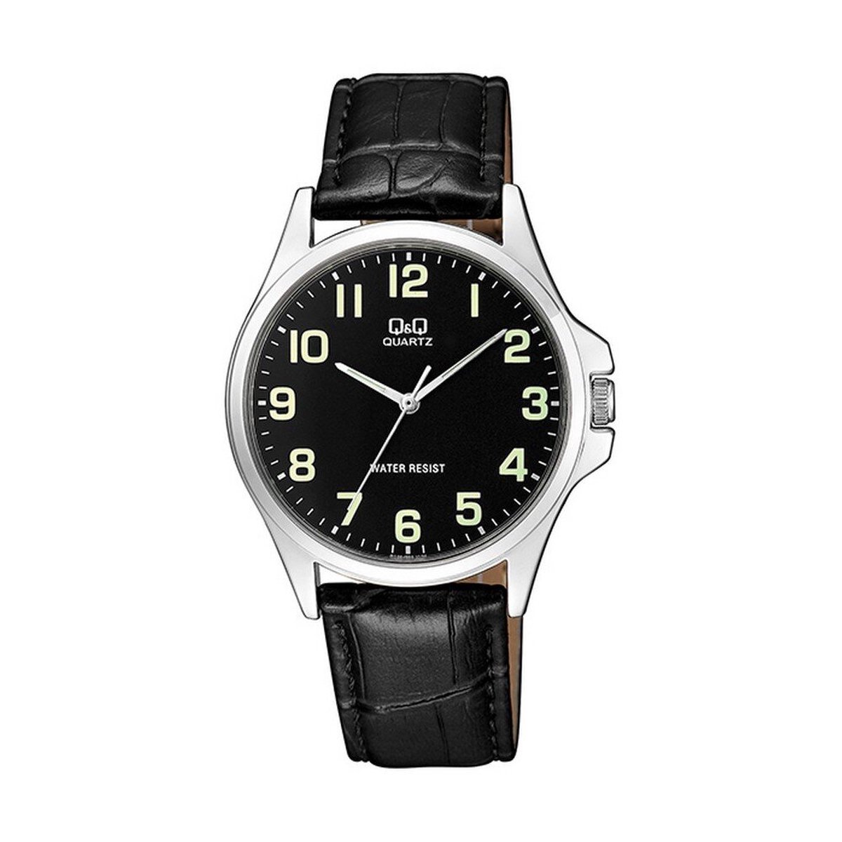 QQ QA06J305Y - Horloge - Analoog - Heren - Mannen - Leren band - Rond - Metaal - Cijfers - Zwart - Zilverkleurig - 3 ATM