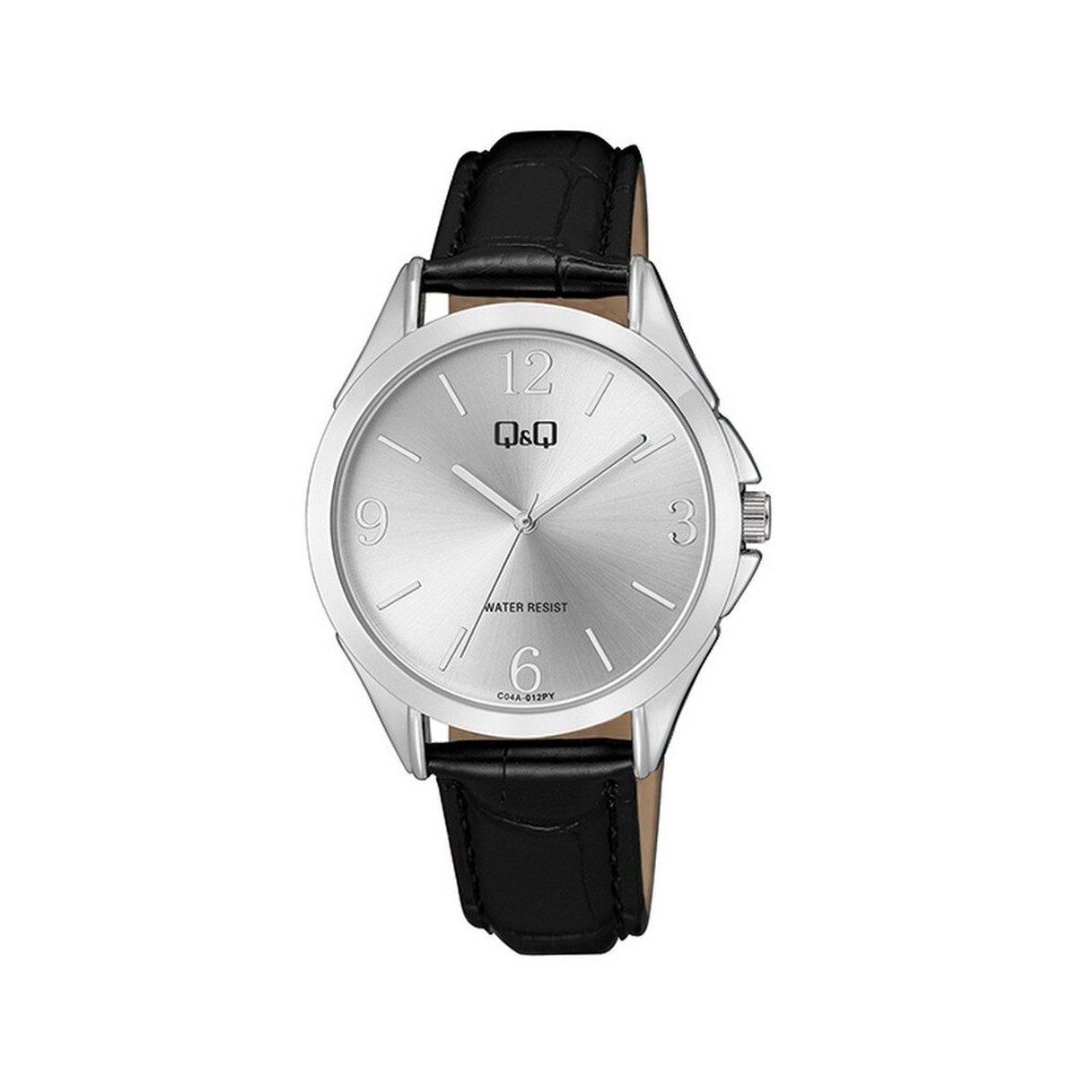 QQ C04A-012PY - Horloge - Vrouwen - Dames - Leren band - Rond - Metaal - Cijfers - Streepjes - Zwart - Goudkleurig