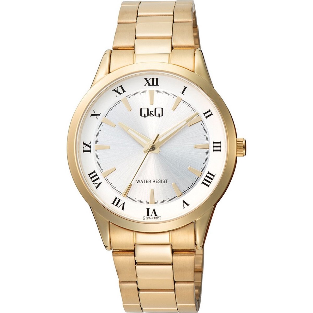 QQ C10A-048PY - Horloge - Analoog - Heren - Mannen - stalen band - Rond - Metaal - Romeinse cijfers - Streepjes - Goudkleurig - Zilverkleurig - Wit