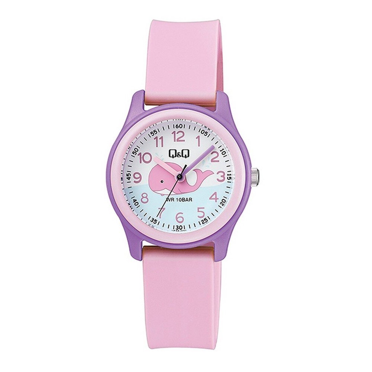 QQ VS59J001Y - Horloge - Sport - Analoog - Kinderen - Unisex - Plastic band - Rond - Kunststof - Cijfers - Walvis - Roze - Paars - Wit - Blauw - Wit - 10 ATM