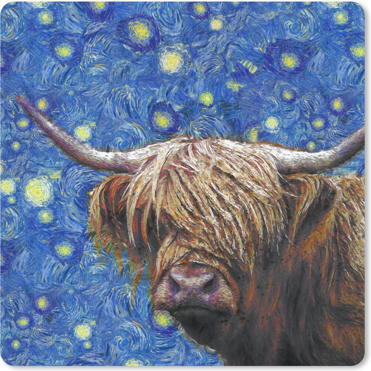 Muismat 30x30 cm - Mousepad Van Gogh - Sterrennacht - Schotse hooglander - Muismatten