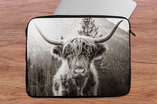 Housse pour ordinateur portable 17 pouces - Highlander écossais - Animaux - Zwart - Wit - Housse pour ordinateur portable - Dimensions intérieures 42,5 x 30 cm - Dos noir