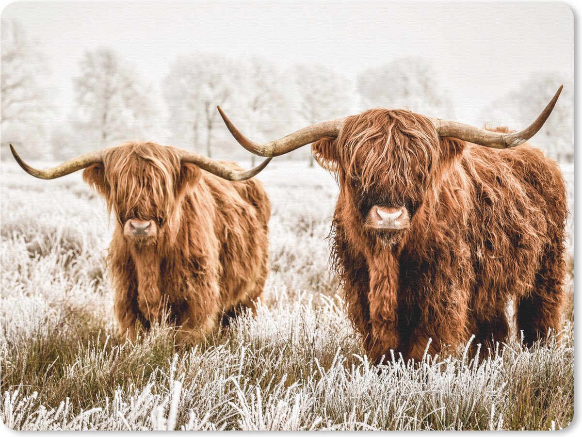 Muismat 23x19 cm - Mousepad Schotse hooglander - Koe - Natuur - Winter - Muismatten