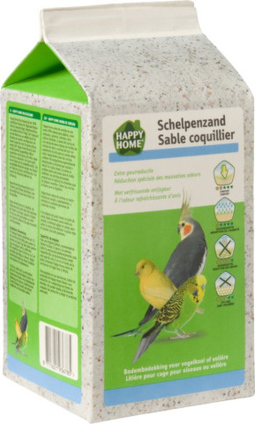 Een pak schelpenzand in de vorm van een melkpak, met afbeeldingen van vogels en de tekst "HAPPY HOME Schelpenzand Sable coquillier".