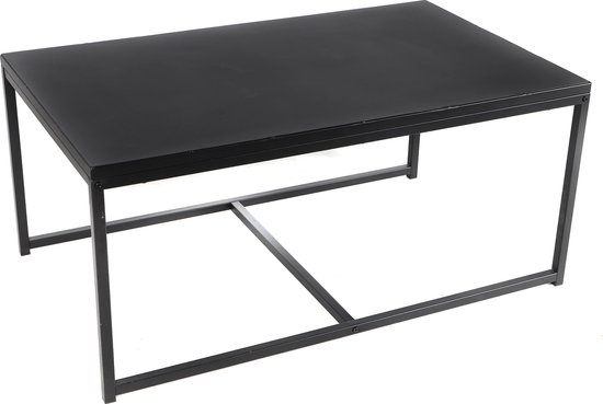 Table basse rectangulaire noire avec un cadre ouvert en métal noir.