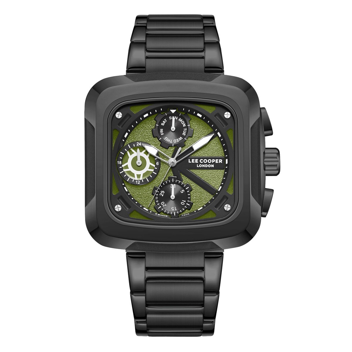 Lee Cooper LC08013.070 - Horloge - Polshorloge - Analoog - Heren - Mannen - stalen band - Metaal - Overig - Stippen-Cijfers - Datumaanduiding - Chronograaf - 12-24H - GUN Kleur (Zwart + DonkerGrijs, briljant) - Groen