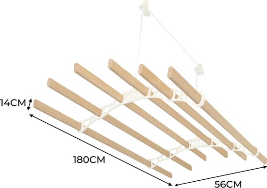 Sèche-linge plafond avec système de poulies en Ivoire, 6 Lattes en bois de 1,8m | Capacité de charge de 30 kg | Kit de montage GRATUIT | Étendoir suspendu pour Vêtements