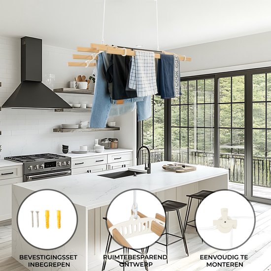 Sèche-linge plafond avec système de poulies en Ivoire, 6 Lattes en bois de 1,8m | Capacité de charge de 30 kg | Kit de montage GRATUIT | Étendoir suspendu pour Vêtements