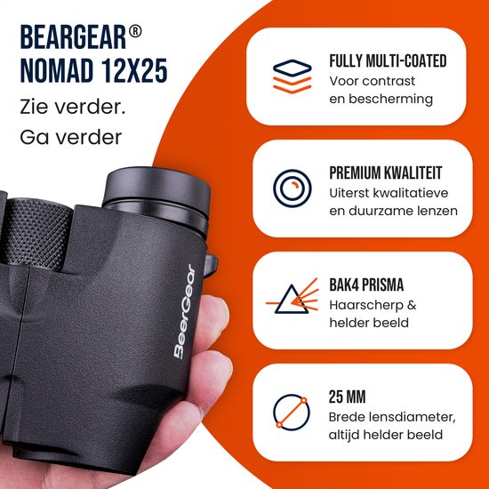 Zwarte BeerGear Nomad 12x25 verrekijker met focuswiel en teksten over functies.