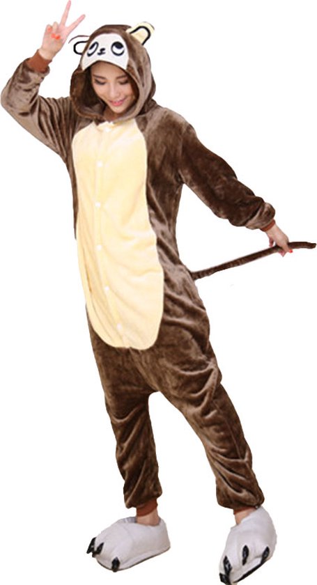 Aap Onesie Apen Pak Kostuum Outfit Huispak Jumpsuit Verkleedpak - Verkleedkleding - Halloween & Carnaval - SnugSquad - Kinderen & Volwassenen - Unisex - Maat S voor Lichaamslengte (141 - 155 cm)