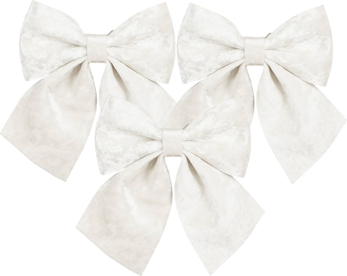 House of Seasons Kerst strik ornamenten - 3x - wit - 20 x 24 cm - polyester fluweel - kerststrik
