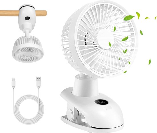 Ventilateur Portable USB 4000mAh - 5 Vitesses, Rotation 360°, Clip Et Affichage LED