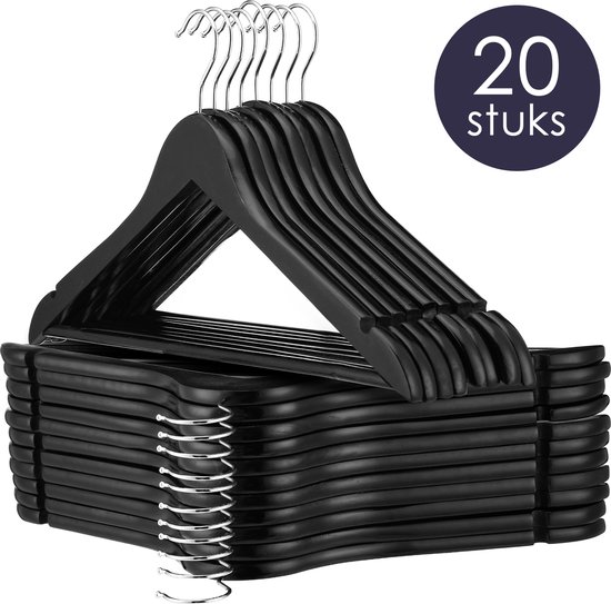 Behave Cintres en bois - Cintre - Porte-manteau - Encoche - Barre à pantalons - Crochet en métal - Adultes - Zwart - 20 pièces