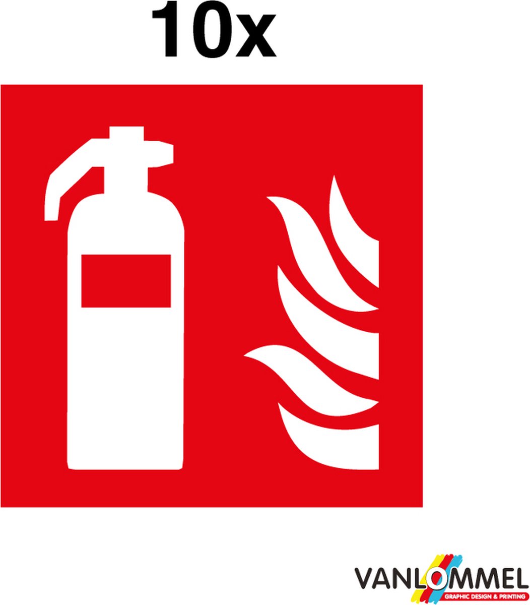 Pictogram‑bord Brandblusser – ISO 7010 (F001) – 100 × 100 mm – Polystyreen 2 mm – Set van 10 (binnengebruik)