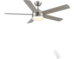 LuxiLamps - 5 Blad Plafondventilator - Moderne LED Ventilator - 3 Snelheden - Bedienbaar Met Afstandsbediening - 132 cm - Zilver - Slimme Ventilator