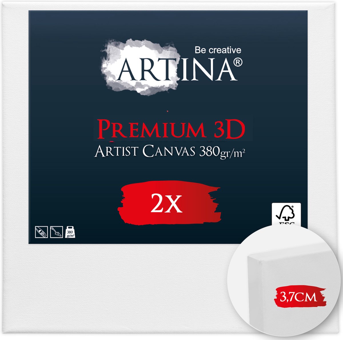 Artina Set van 2 Schildersdoeken 60x60 cm 3D Premium - Voorgerekte Doeken Wit met FSCÂ® Houten Spieraam Stabiele Voorbehandelde Canvas Schildersdoek 380g/mÂ²