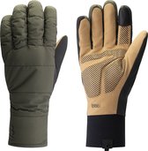 Set van twee groene fietshandschoenen, met beige handpalmen met zwarte lijnen.