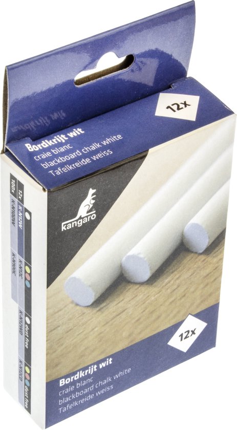 Een doos met 12 witte krijtjes van Kangaro, met een afbeelding van krijtjes.