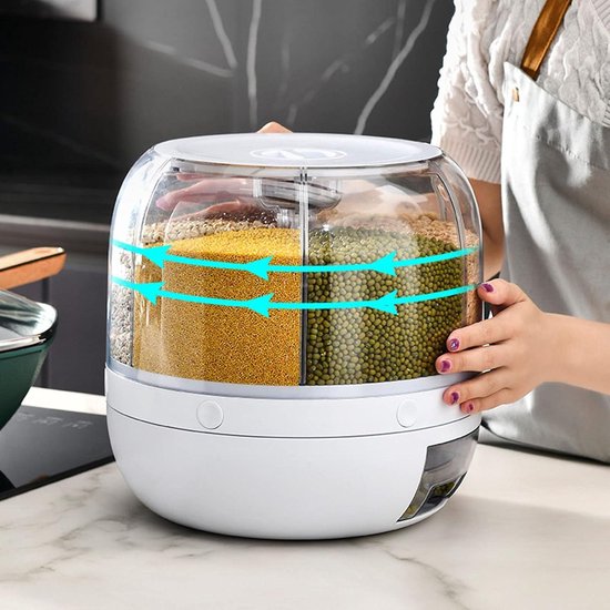 Distributeur de riz, 6 grilles rotatives à 360 degrés, distributeur d'aliments secs avec couvercle, boîte à céréales résistante à l'humidité, seau distributeur de céréales transparent pour la maison