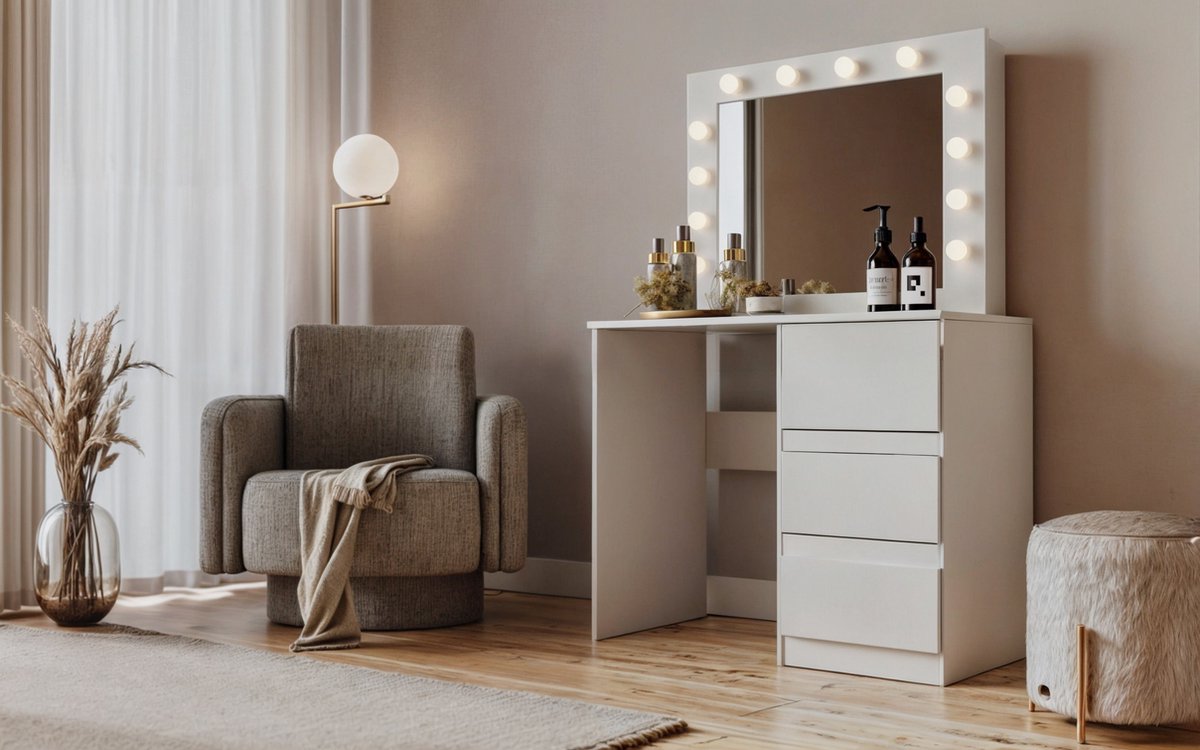 Meubel Square - Kaptafel Zolda - Wit - Cosmeticatafel met Spiegel en 12 LED lampen - 3 lades - Moderne