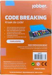 De oranje verpakking van het spel 'Code Breaking' met een afbeelding van de speeltafel, spelregels en waarschuwingen. "CODE BREAKING Kraak de code!"