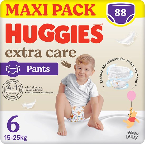 Huggies® Extra Care baby luierbroekjes, Maat 6 (15 tot 25kg), 88 luiers met zachte elastische tailleband en Disney designs, Maxi Pack