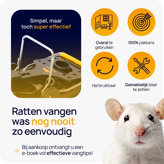 Zwarte rattenval met gele accenten, naast een witte rat. Tekst: "Ratten vangen was nog nooit zo eenvoudig".