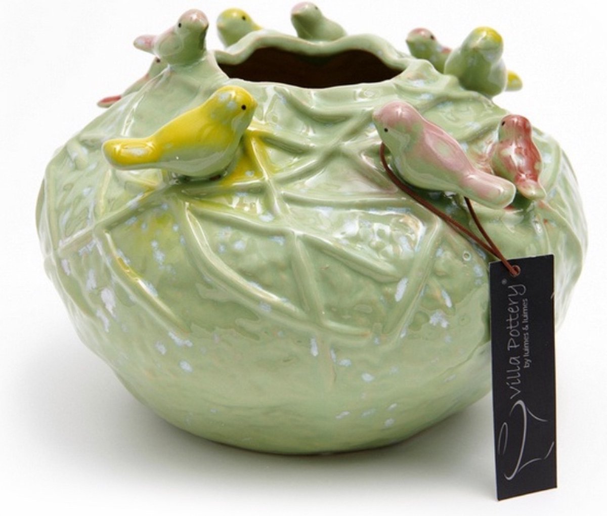 Irishflowers Vaas - Villa Pottery - Decoratie - Woondecoratie - Vogelvaas - Porselein - Waterdicht - Lieve 1_2 Green 9 Birds Groen