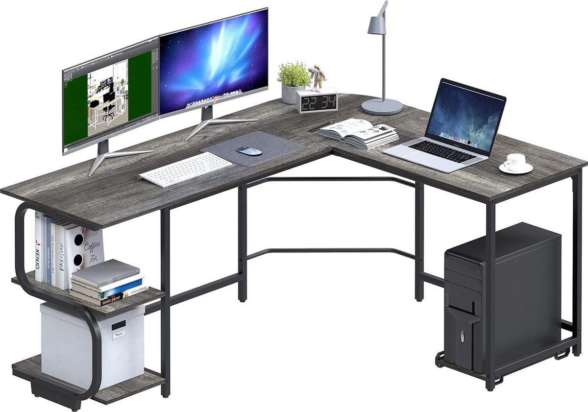 Goodivery ® Ruime L-vormige Bureau met Omkeerbaar Blad en 2-Lagen Planken, Zwart Eiken, 155 x 110 cm
