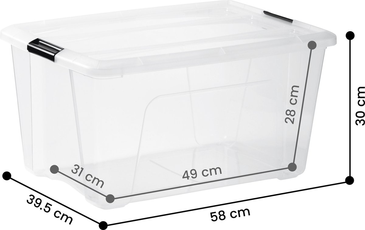 Iris Ohyama, Kunststof opbergdozen met deksel en sluitclips, 60L, Set van 4, Geïntegreerde Handgrepen, Stapelbaar, BPA vrij, Slaapkamer, Kantoor, Woonkamer, NTB-60, Zwart