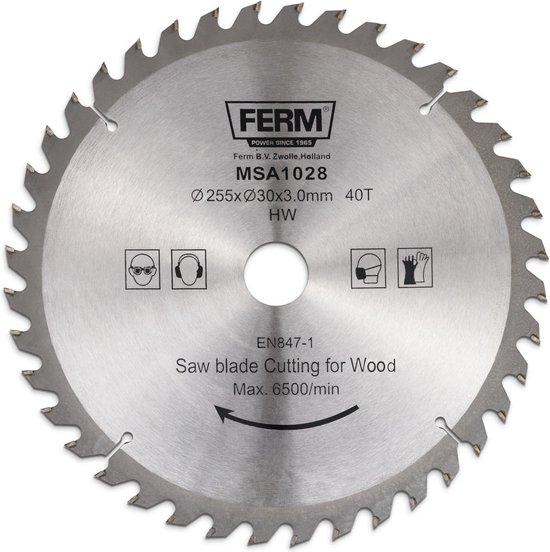 Foto: Ferm msa1028 zaagblad 255x30 16mm t40 tct tanden diameter 255mm asgat 30mm 16mm universeel voor het zagen van hout zeer geschikt voor msm1040 msm1038 radiaal afkortzaag