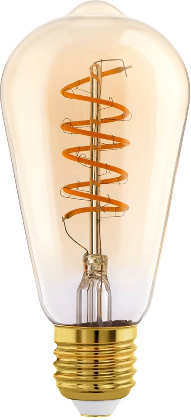Ampoule Edison avec culot doré et verre ambré. Le filament LED en spirale est visible.