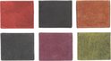 Zes kleine portemonnees in verschillende kleuren: rood, zwart, bruin, grijs, paars en groen.