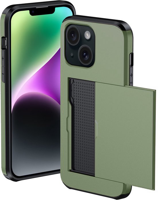 Coque adaptée pour iPhone 14 Plus avec porte-cartes - Coque rigide avec porte-cartes - Coque adaptée pour iPhone 14 Plus - Étui avec porte-cartes - Vert foncé