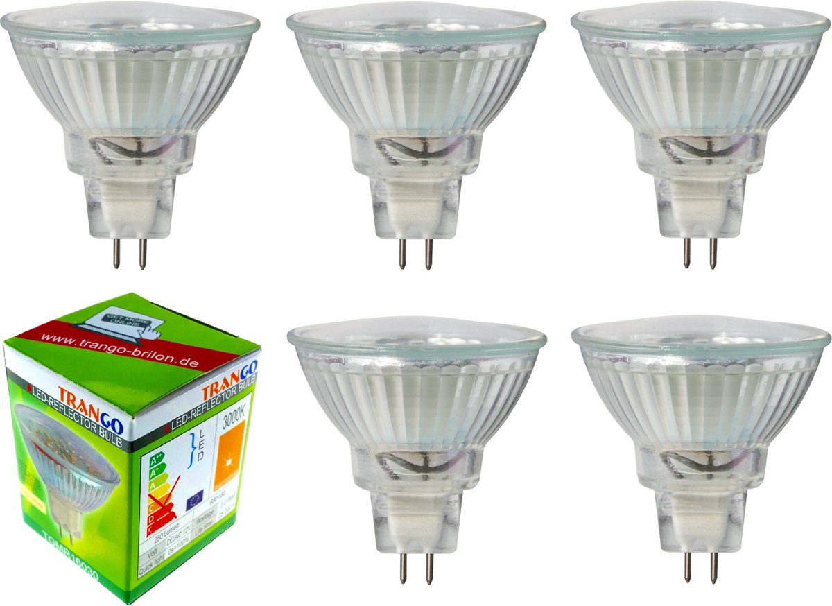 Trango Set van 5 LED-lampen MR16030*5 met MR16-fitting ter vervanging van conventionele halogeenlampen MR16 I GU5.3 I G4 12 Volt 3000K warmwitte gloeilamp, reflectorlamp, LED-lampen