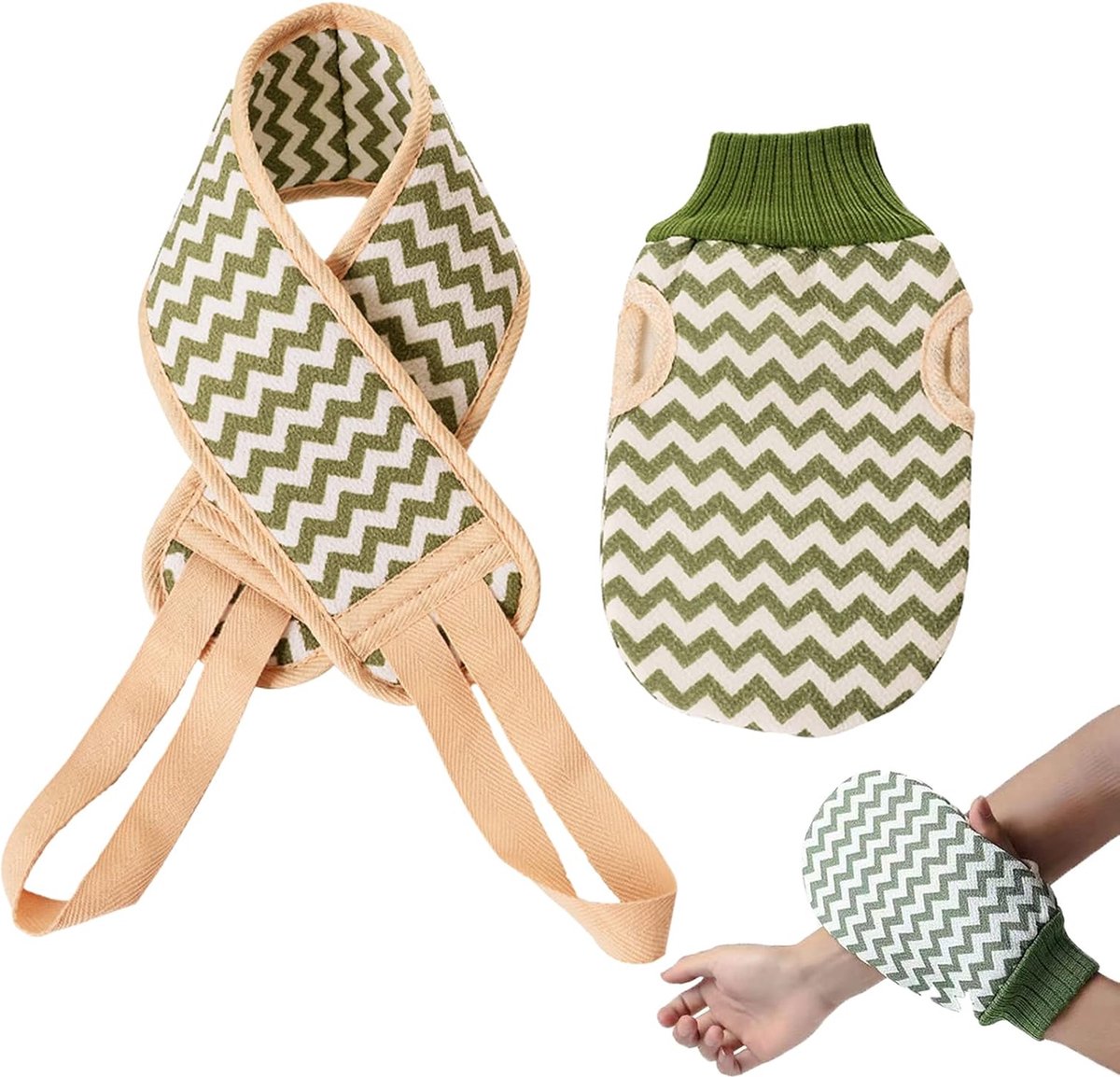 Peelinghandschoen, peelinghandschoen met rugschrubber, 2-in-1 exfoliërende handschoenen, peelingspons, douchespons voor peeling en bodyscrub, badspons, massage, exfoliërende handschoen voor hamam, sauna (groen)