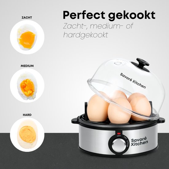 Zilverkleurige Savoré Kitchen eierkoker met transparante deksel en bruine eieren. Naast de eierkoker beelden van zacht-, medium- en hardgekookte eieren.