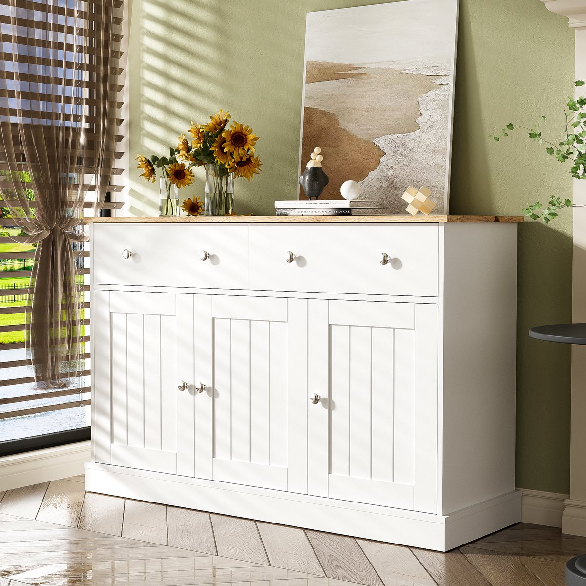 KOMHTOM Dressoir Woonkamer kast met gegraveerde textuur Push-to-open mechanisme Wit