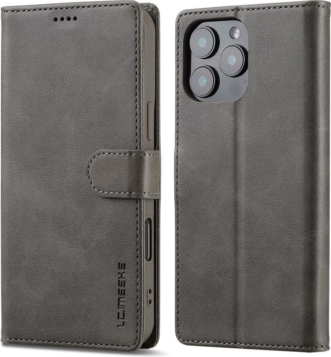 LC.IMEEKE Hoesje - Geschikt voor iPhone 16 Pro Hoesje - LC.IMEEKE Luxe Book Case - Grijs