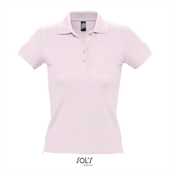 Lichtroze SOL'S damespoloshirt met korte mouwen, kraag en knoopjes.