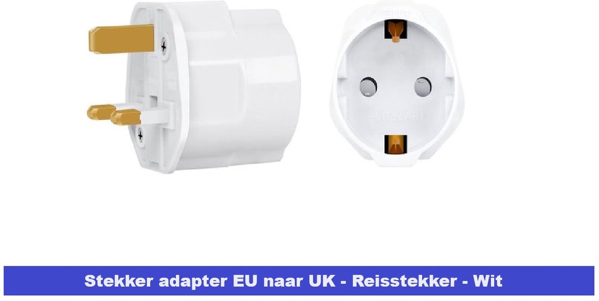 STEKKER ADAPTER EU NAAR UK (VERENIGD KONINKRIJK VK) – 13A ZEKERING – EUROPESE REISSTEKKER - WIT - IDEAAL VOOR REIZEN - REISTEKKER