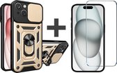 BixB hoesje met screenprotector van gehard glas Geschikt voor iPhone 15 met Ringhouder en Camera schuifje backcover - Goud
