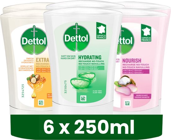Verpakking met zes navullingen Dettol handzeep: Extra Care (honing & shea boter), Hydrating (aloë vera) en Nourish (shea boter).
