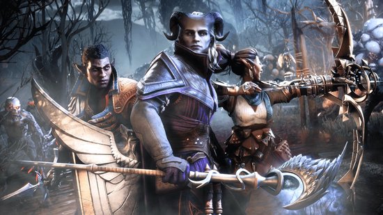 Een stoer uitziende groep van drie fantasy-personages met wapens. Een hoorndrager in harnas staat vooraan.