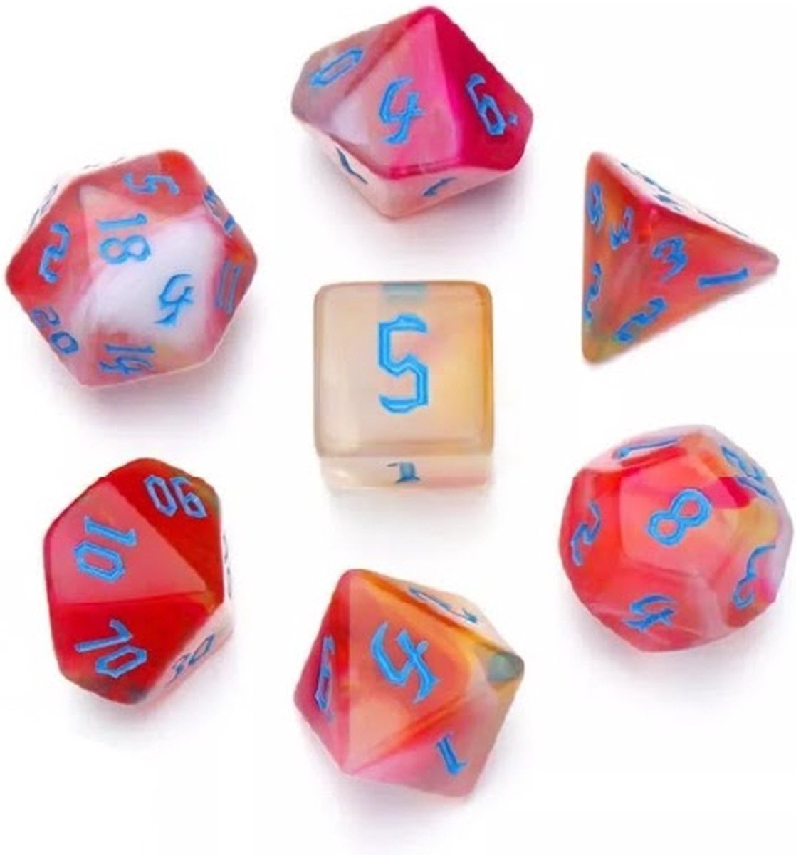 Lapi Toys - Dungeons and Dragons dobbelstenen - DnD Dice - Polydice - Dobbelstenen Dungeons Dragons - D&D dobbelstenen - DnD Dice Set - 1 set (7 stuks) - Acryl - Roze - Wit - Oranje